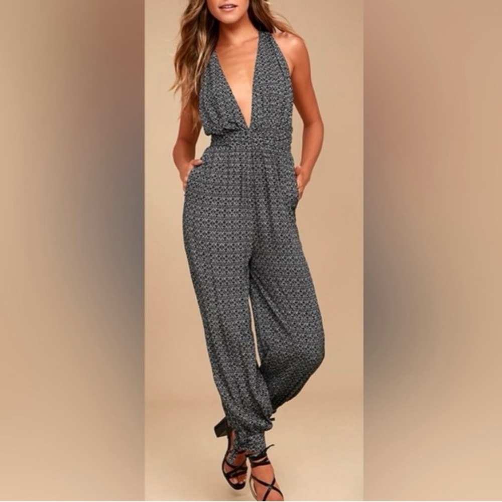 Lulus Black Print Halter Jumpsuit